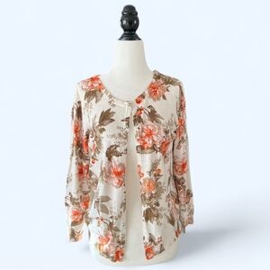 PREMISE Floral Women's Cardigan Floral White Orange Spring Lightweight Medium